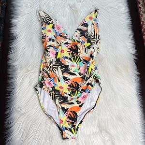 Old Navy Ruched Deep V-Neck Orange Floral One Piece Swimsuit